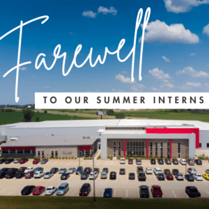 Photo of Clickstop's headquarters in Iowa with text overlay: Farewell to our summer interns.