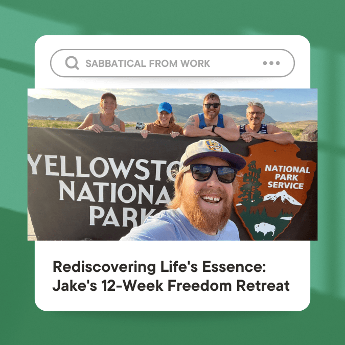 Photo of Jake Feldmann taking a selfie with his family at Yellowstone National Park while on a 12-week sabbatical.
