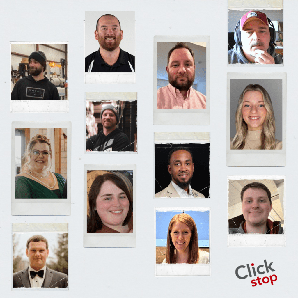 12 photos of the award winners from Clickstop's 2024 Q1 core trait awards. They were recognized for their excellence in living out Clickstop's core values.